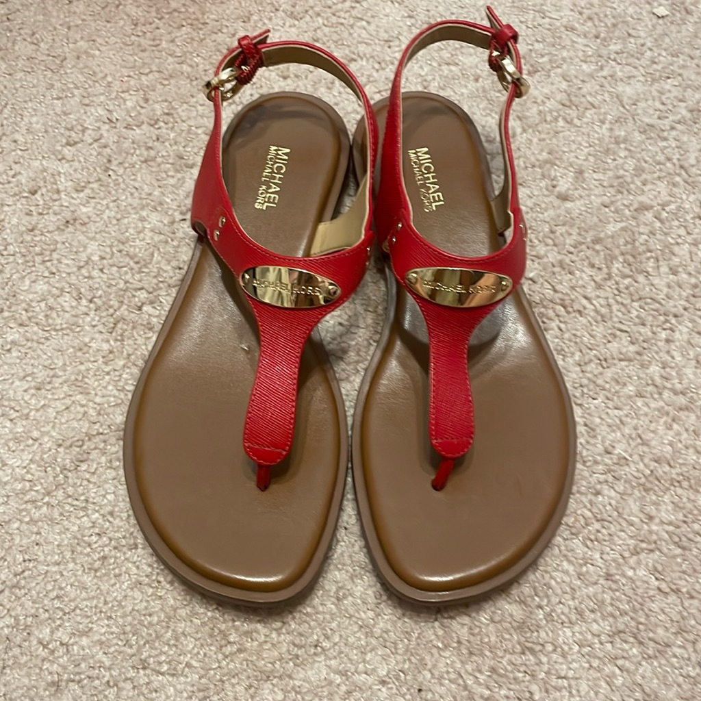 Red, Gold, And Brown Michael Kors Sandals. Size 6.5